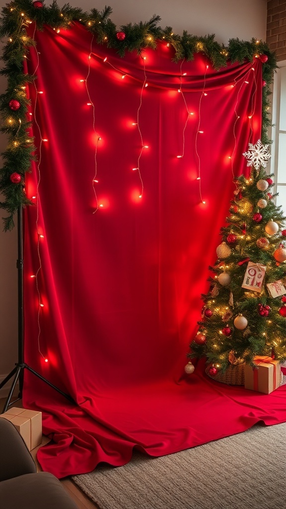 A festive Christmas backdrop with red fabric, fairy lights, and ornaments in a cozy living room.